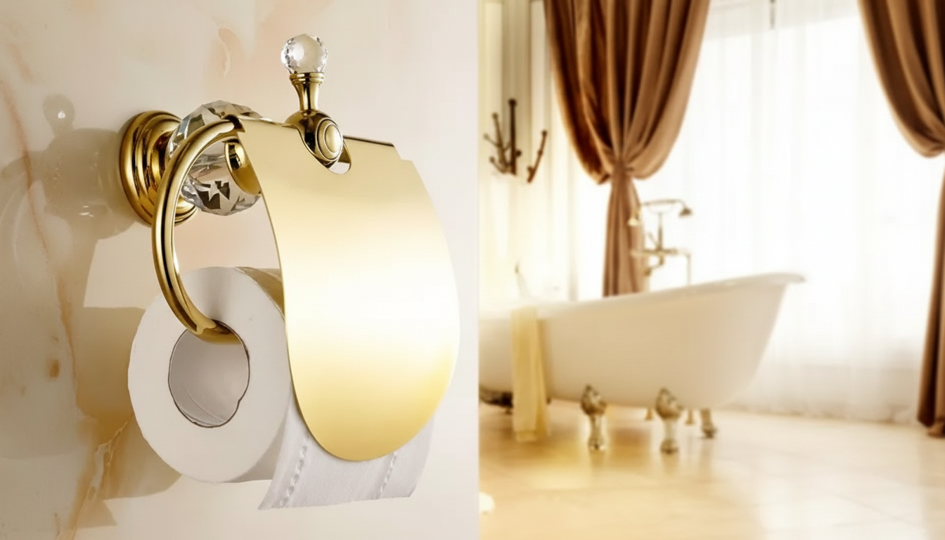 Gold Brass Toilet Paper Holder with Crystal Accent