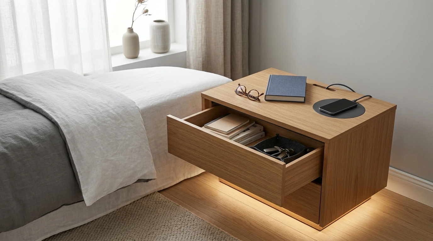 Mesa Lateral Smart Bedside Table: charging & calm storage