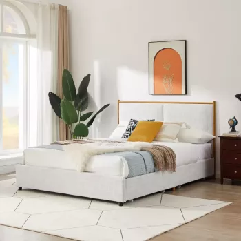 Soft Queen Bed with Rounded Backrest and Storage Drawers